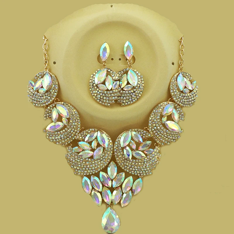 Африканские золотые драгоценности набор ювелирных изделий для женщин большое ожерелье цвета камень ювелирные изделия серьги ожерелье Дубай ювелирные наборы