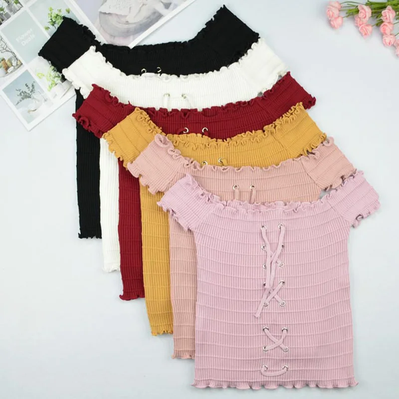 

La MaxPa Women Ruffles Knitted Tank Top Drawstring Lace Up Solid Camis Sleeveless Short Camisole Off Shoulder Vest Tops k1871