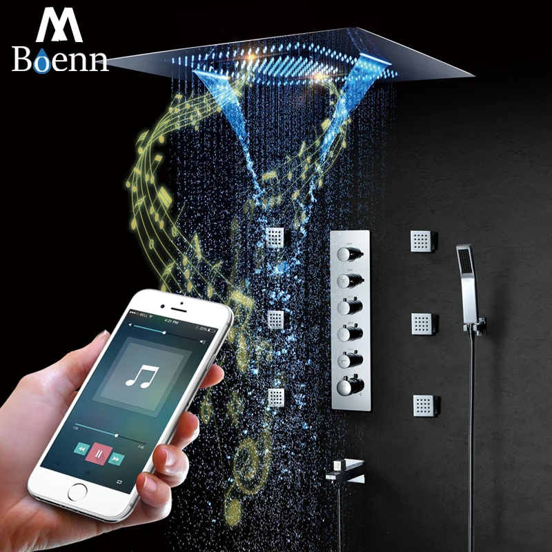 Music Speaker Showers LED Light Showerhead 600*800mm Waterfall Rainfall Misty Shower Bathroom Thermostatic Shower Faucets Mixer Music Speaker Showers LED Light Showerhead 600*800mm Waterfall Rainfall Misty Shower Bathroom Thermostatic Shower Faucets Mixer