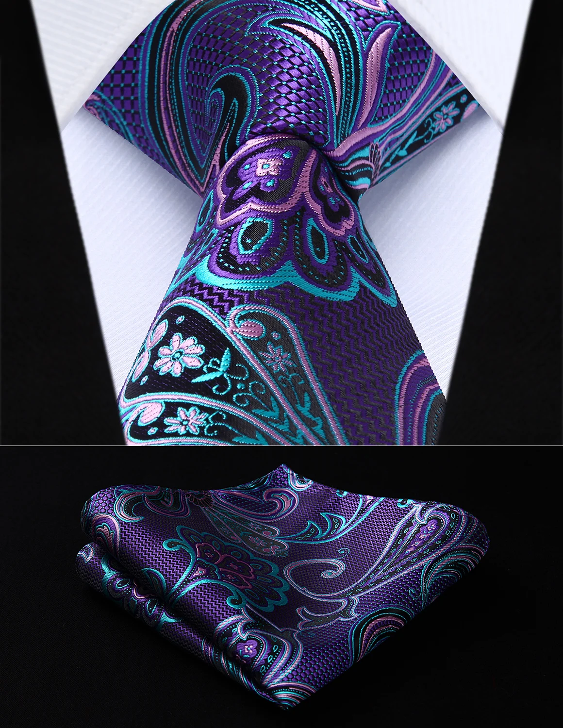 TP936P8S Purple Green Paisley 3.4" Silk Woven Men Tie Necktie Handkerchief Set Party Wedding