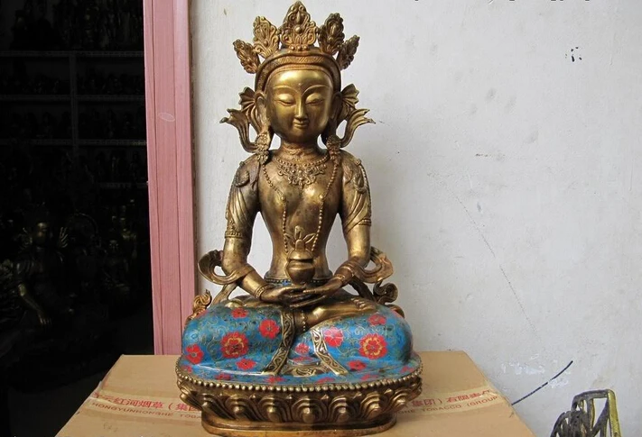 

150401 S0578 17"Tibet Old Bronze cloisonne Amitayus longevity Buddha statue