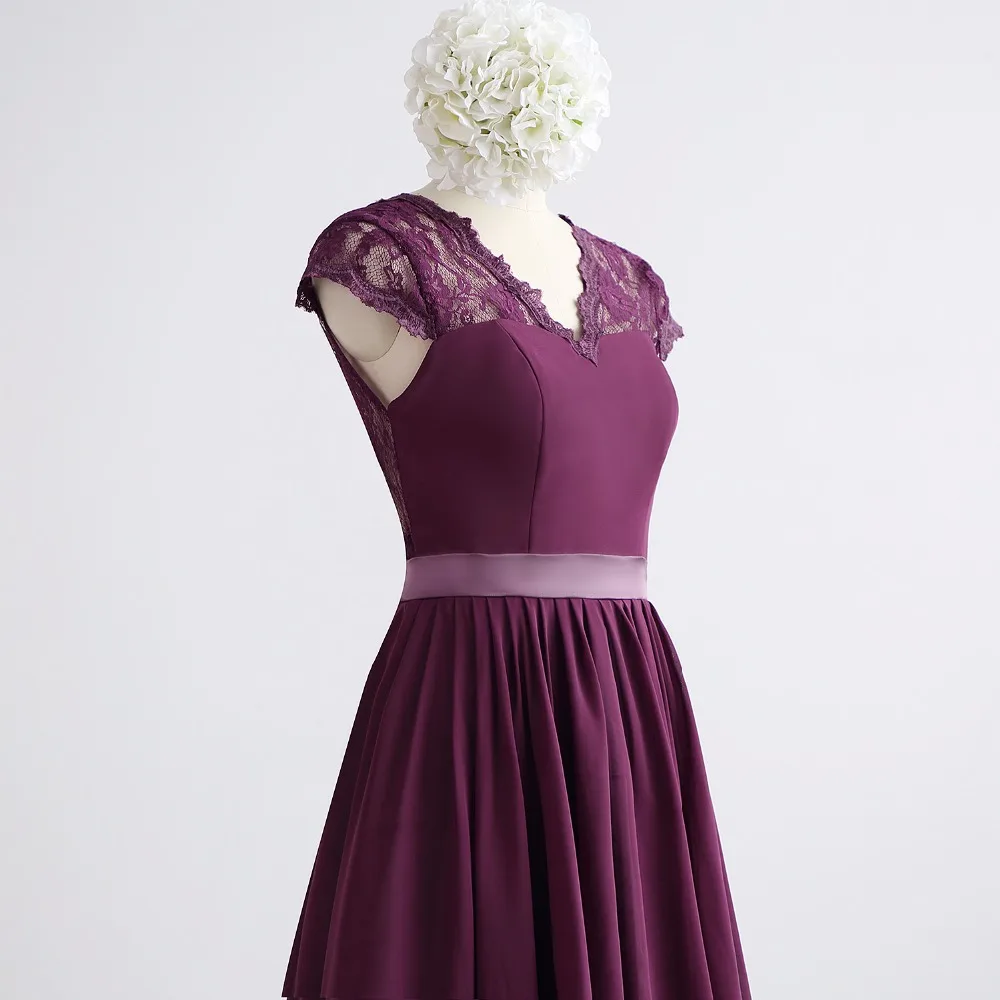Фиолетовое шифоновое платье трапеция для подружки невесты до колена с рукавами