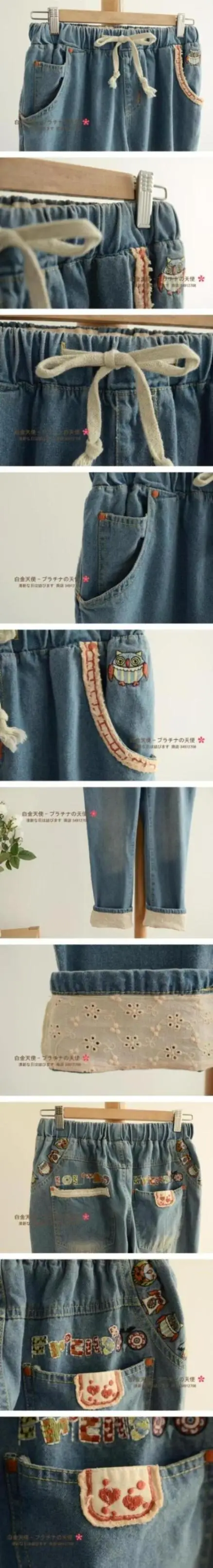 Размеры sen Женская линия 2014 Hitz японский личности сова декоративная вышивка патч джинсы брюки изящный Бесплатная доставка
