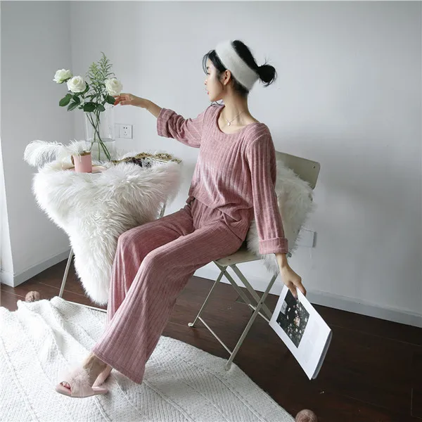 Fdfklak, осень, новинка, 5 цветов, пижамы для женщин, пижамный комплект с длинным рукавом, пижама из хлопка, женская теплая домашняя пижама одежды, одежда для сна - Цвет: pink