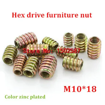 

50pcs/lot M10*18 Color Zinc Coated Pass-Through Furniture Nut Internal External Thread Screw For Wood Insert Nut