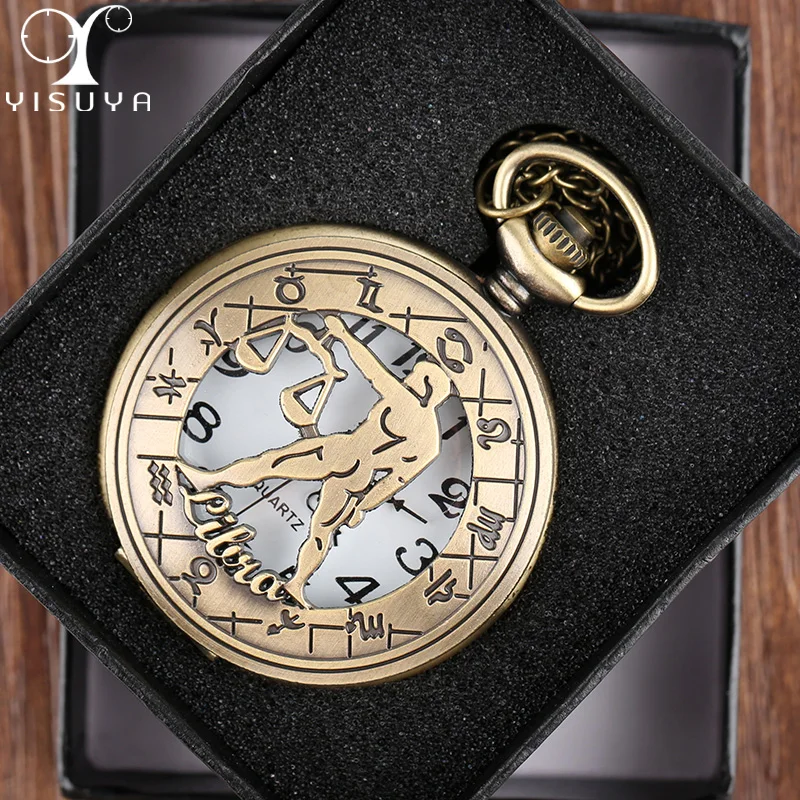

Pocket Watch Zodiac Libra Vintage Quartz Movement Round Case Analog Fob Watches Necklace Chain Gifts Dropshipping Clock
