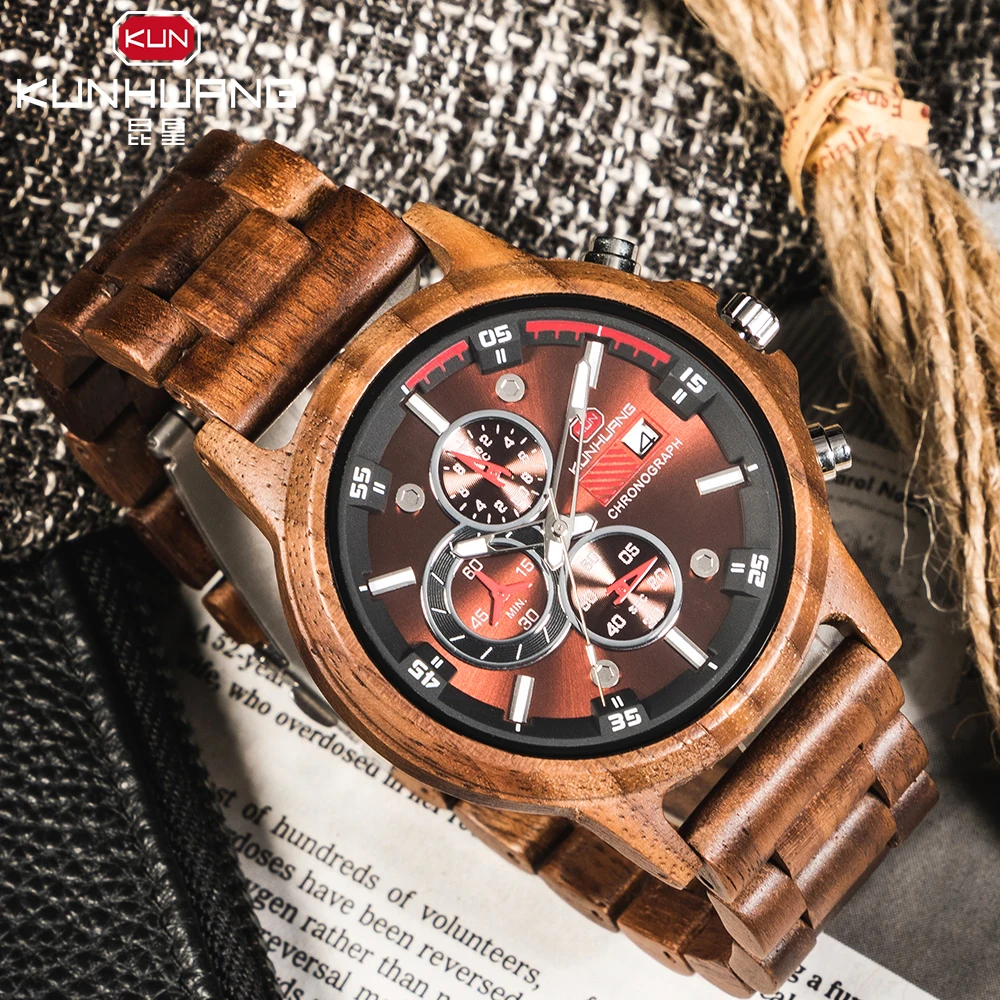 Kun Huang мужские деревянные часы erkek kol saati роскошный стильный деревянный Хронограф военные кварцевые часы в Подарочная коробка из дерева