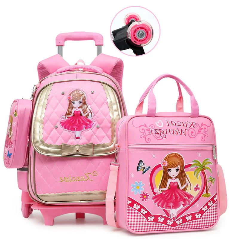 Милые комплекты из 3 предметов Детские 2/6 колёса тележка Водонепроницаемый ранец Детский рюкзак высокого качества Школьные рюкзаки для девочек учебная сумка