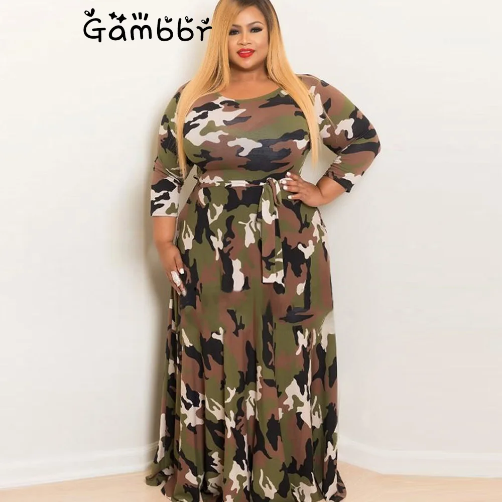Long Sleeve Autumn Winter Military Camouflage Dresses Women Fashion Armygreen Gray Long Maxi Dress Casual Party Plus Size
