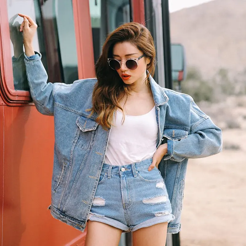 Plus Size S 4XL Solid Turn down Collar Jean Jacket for