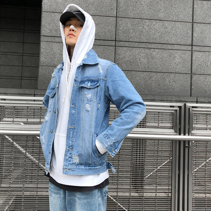 Dark Icon Solid Color Ripped Jeans Jacket Men Hip Hop Jackets 2019 New Fashion Men's Denim Jacket Streetwear Clothing