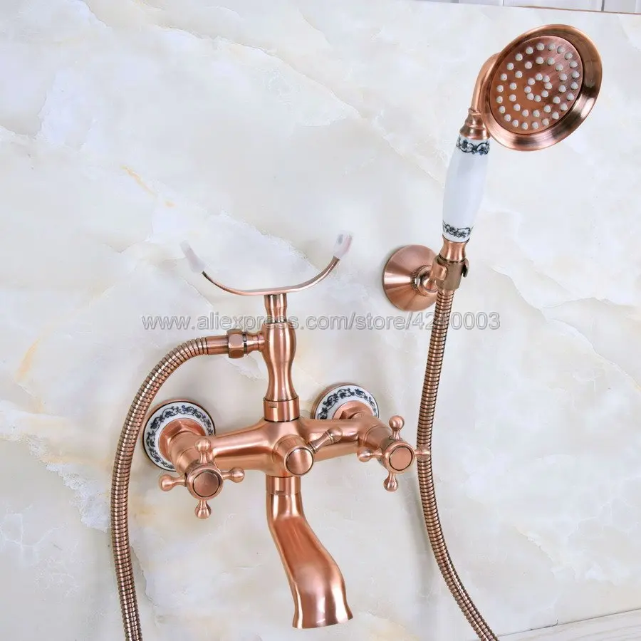 

Wall Mounted Antique Red Copper Clawfoot Bathtub Faucet telephone style Bath Shower Water Mixer tap with Handshower Kna362