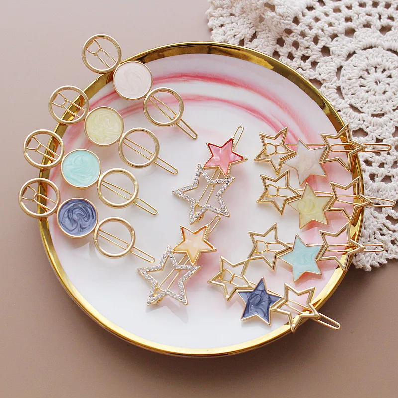 

2019 Korean Alloy BB Hair Clip for Girls Fashion Rectangle Acetic Acid Hairpins Round Star With Rhinestone Barrettes Headwear