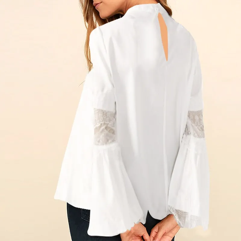 ZANZEA Plus Size Women Blouse Autumn Ladies Long Flare Sleeve Hollow Out V Neck Choker Keyhole Pullover Blouse Solid Sexy Shirt