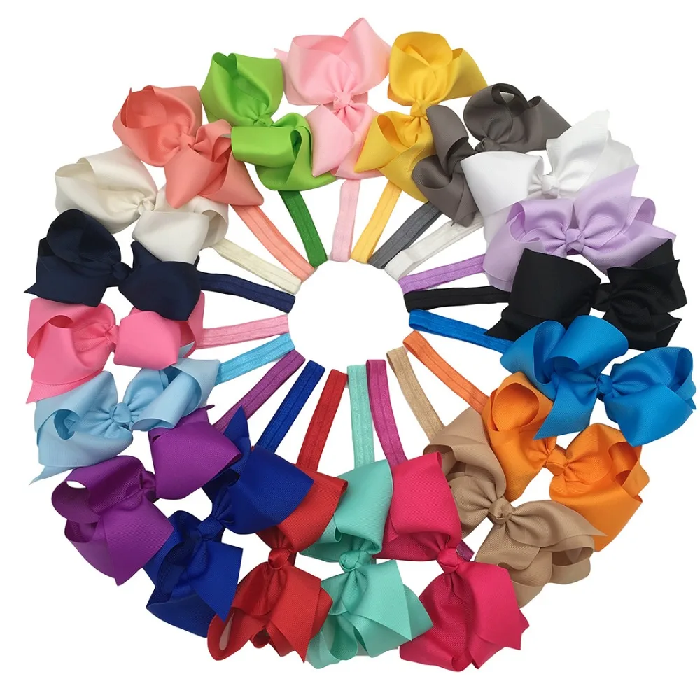 20pcs/lot 6inch Big Ribbon Hair Bows Glued With Elastic Headbands With