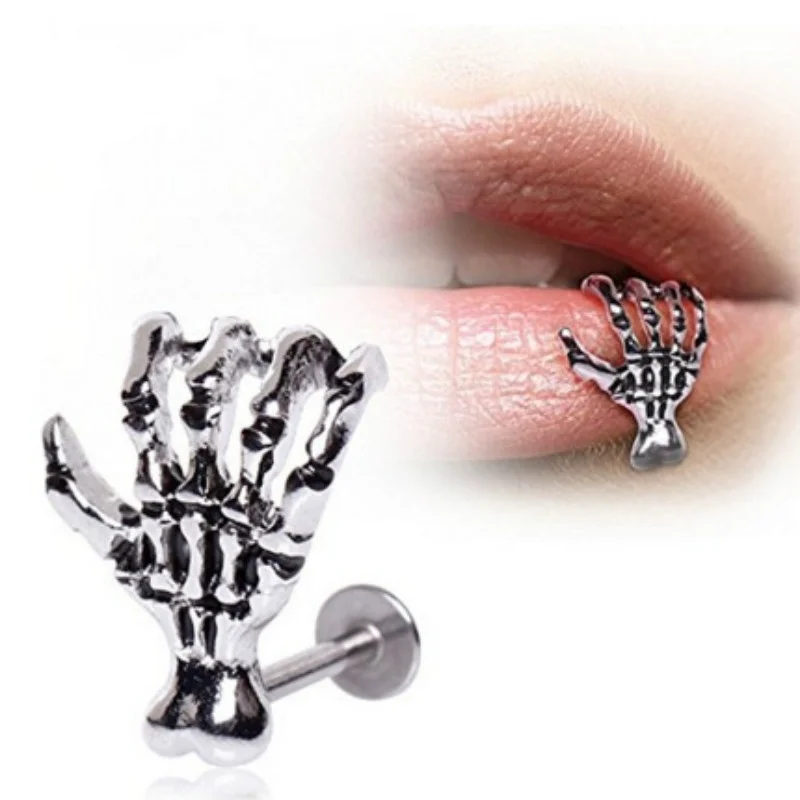 

Hot Unique Punk Skull Devil Hand Lip Piercing Jewelry Skeleton Labret for Women Men Palm Stud Earrings Christmas Gift 885134