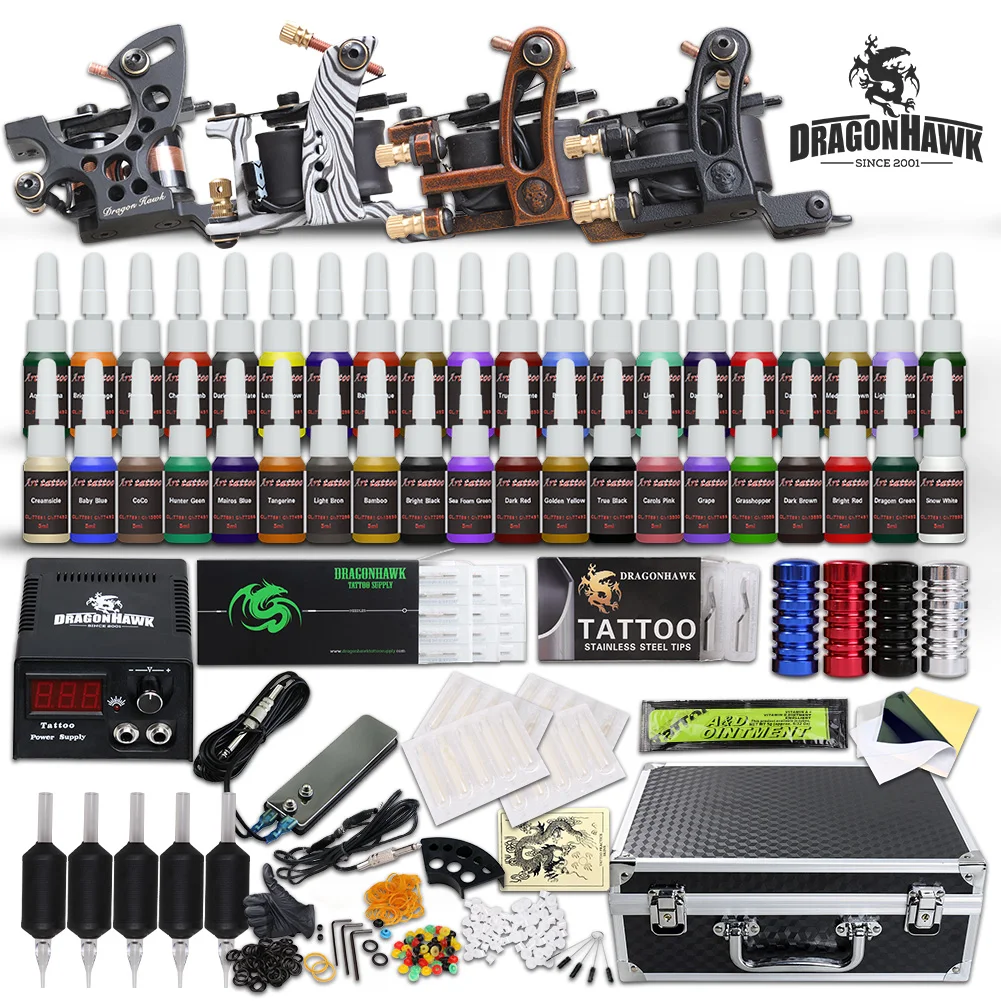 

Beginner Complete Tattoo Kit 4 Machine Power Supply Set Grip 40 color Ink Needle Big Box