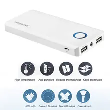 WOPOW Ultra-thin Mobile Power bank 6000mAh Dual USB Output Quick Charge Portable External Battery Pack With LED Flashlight