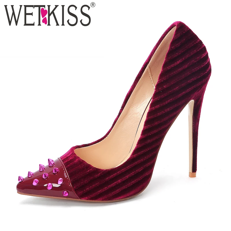

WETKISS High Heels Women Pumps Pointed Toe Footwear Fashion Pleuche Ladies Party Shoes Rivet Shallow Shoes Woman 2019 Spring