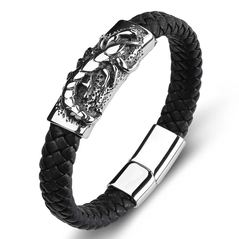 Мужской браслет панк браслет со скорпионом черный плетение Шарм Веревка кожаный браслет с цепочкой из нержавеющей стали модные браслеты подарок