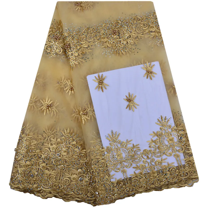 

Latest African Tulle Lace French Net Beaded Lace Fabric For Wedding Gold Color Embroidery African Lace Fabric With Stones F1297