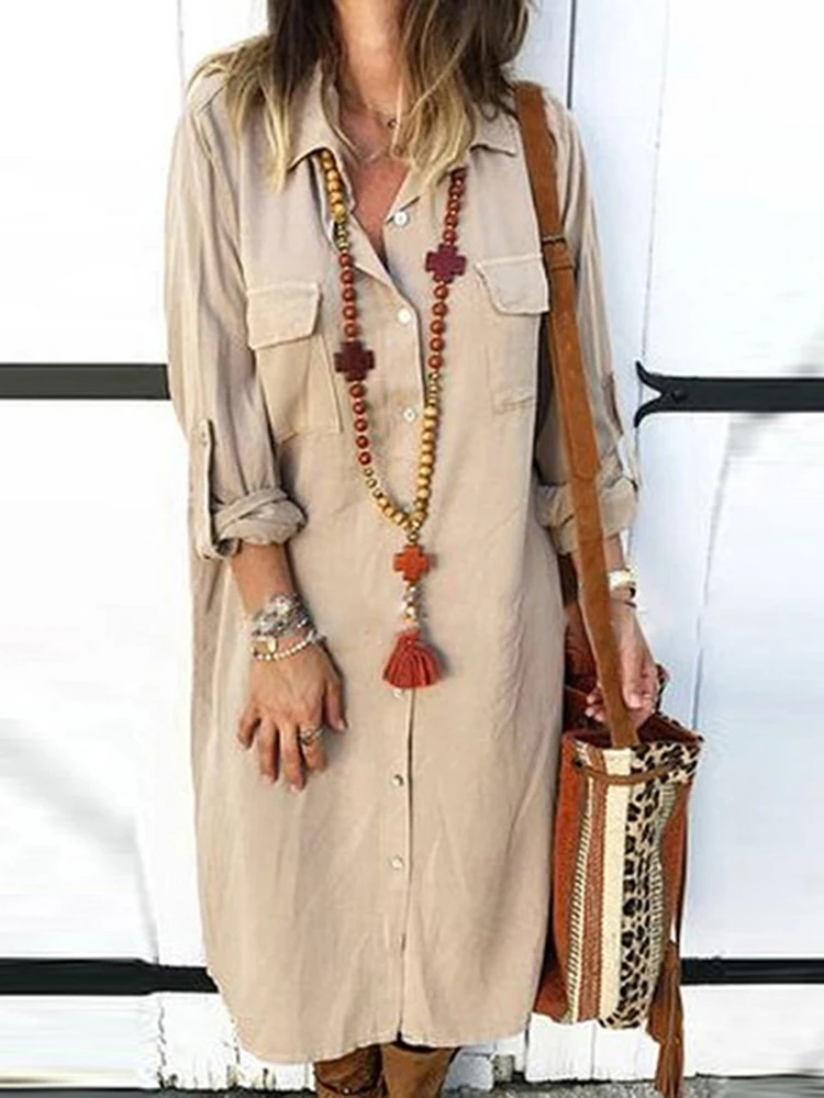 

Casual Women Shirt Dress 2019 Spring Autumn Turn Down Collar Long Sleeves Solid Loose Long Dress Female Plus Size 5xl SJ1983E