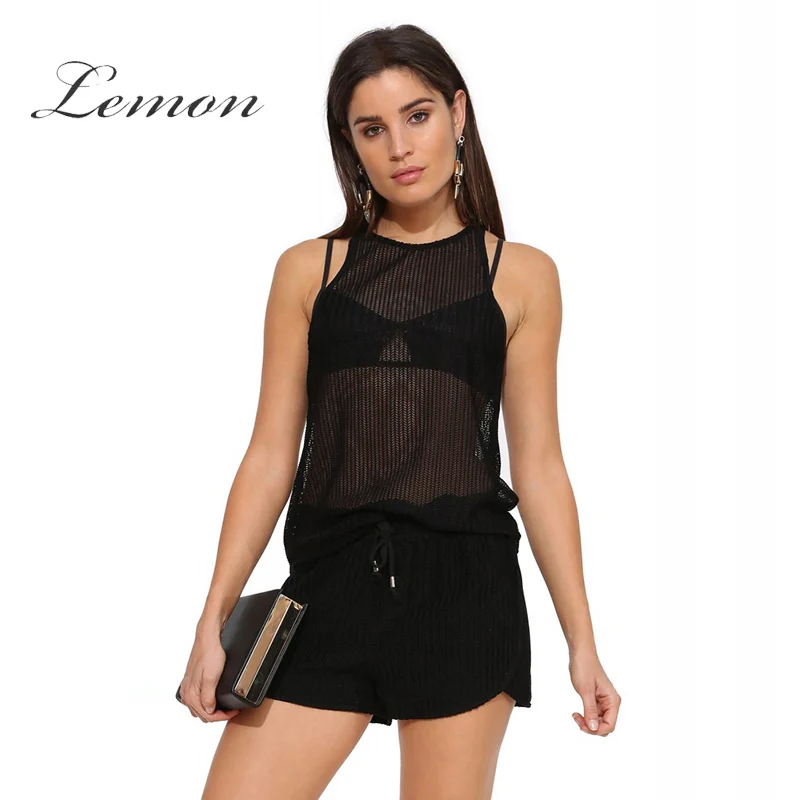 Lemon Fashion Solid Color Women Vests Sexy Sheer Crew Neck Cold ...