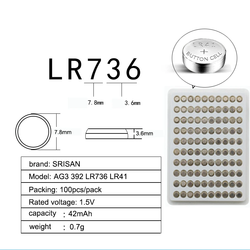 Srisan 200 шт./лот LR41 AG3 SR41W 392 192 GP192A LR736 пуговица часы Батарея сотовый миниатюрные батарейки для фонариков, игрушек, часы для мужчин