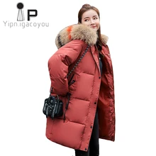 Winter Big Fur Collar Hooded Down Coat Women Long Overcoat Thick Down Jacket Women Parka Plus size Warm Cotton Padded Jacket 3XL