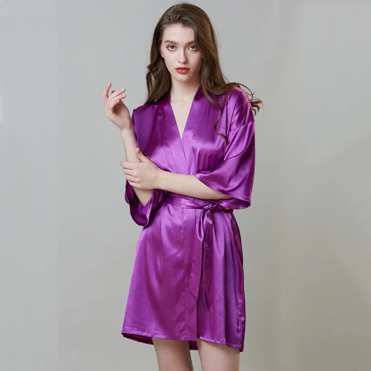 Purple Ladies' Silk Robe Gown Sleepwear Summer Lounge Nightgown Solid Color Kaftan Half Sleeve