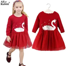 AiLe Rabbit/зимнее платье для девочек; винтажное теплое платье принцессы с длинными рукавами и лебедем; вечерние платье с помпонами; одежда для детей; цвет красный, темно-синий; k1