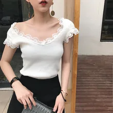 Deep V Neck Knitted Solid Lace Women Short Shirts 2019 Summer Elegant Female Blouses Casual Elastic Korean Styles Slim Lady Top