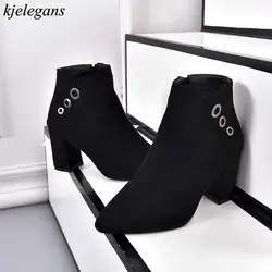 Kjelegans/Мода 2018 г. острый носок удобные металлические украшения плюшевые ботильоны женские сапоги на высоком толстом каблуке bota feminina