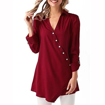 

Women Chiffon Blouse Casual Tops Autumn Spring Long Sleeve V Neck Button Irregular Shirts Female Office Elegant Hasp Shirt