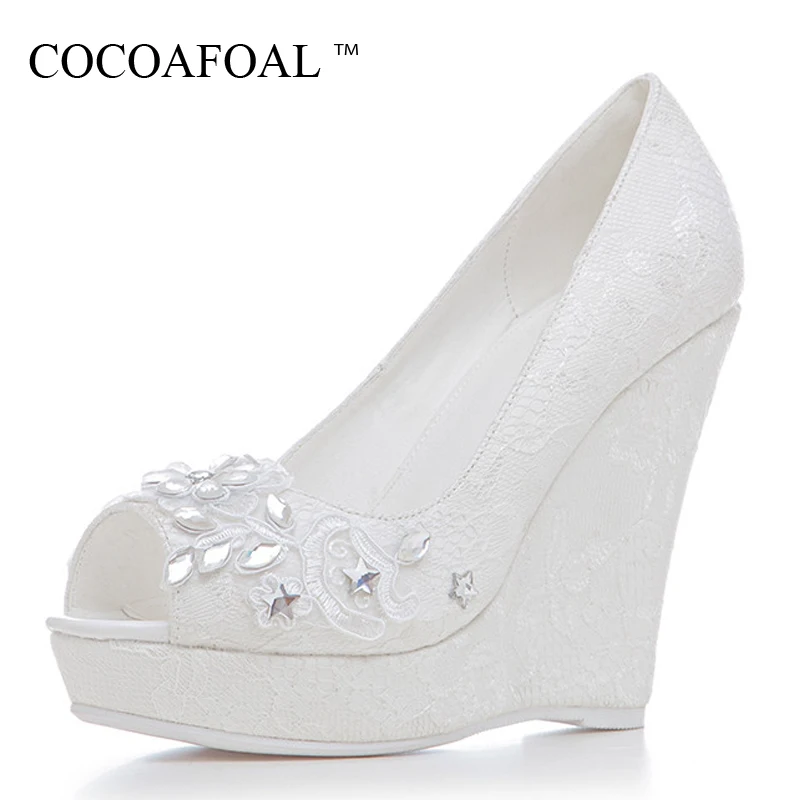 

COCOAFOAL Wedges Women's High Heels Shoes White Woman Wedding Shoes Party Pumps Plus Size Fashion Sexy Crystal Wedges Pumps 2019