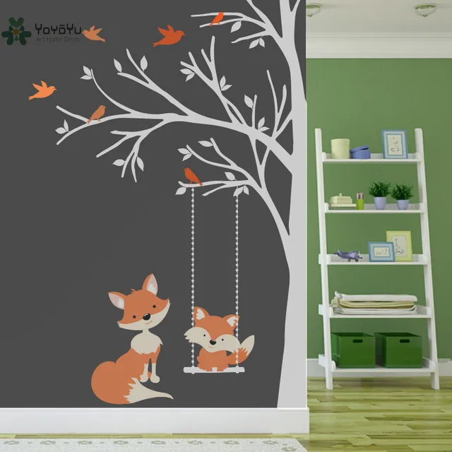 Wall Decal Vinyl Sticker Nursery Large Tree With Birds And Foxes Swing Custom Any Color Wall Art Mural Kid Room Decor Diy Ww 349 Room Decoration Kids Room Decorationvinyl Stickers Aliexpress