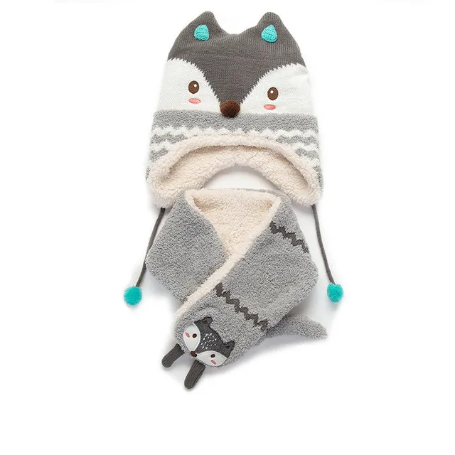 Winter Children Warm Thick Hats Scarf Gloves 3pcs Sets Fox Knitted Baby
