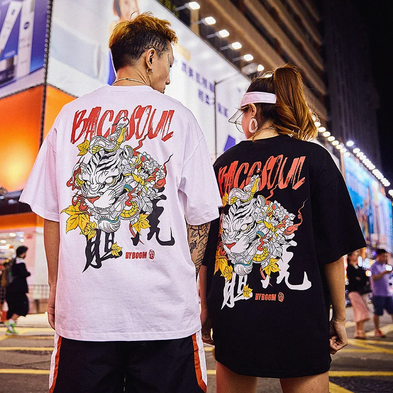 

High streewear cool boys hip hop mens t-shirts tiger anime print half sleeve male tshirts clothes top plus size casual wear