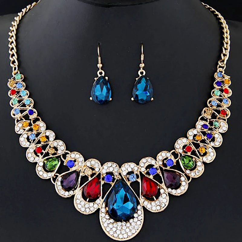 

Bohemian Party Necklace Sets for Women Egg Crystal Rhinestone Necklace Water Drop Earing Party Vinatge Jewelry Set Accessories
