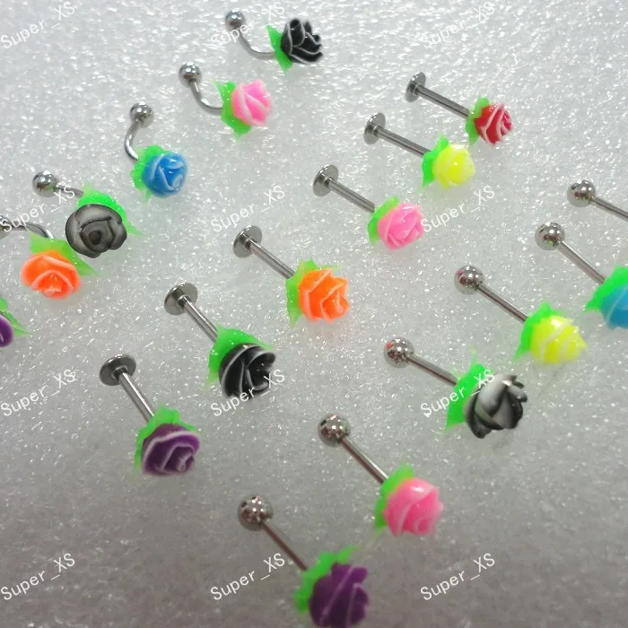 

24Pcs Whole Jewelry Bulk Lots color Silicone Flower Lip Belly Eyebrow Ear Barbell Piercing Plug Free shipping LR396