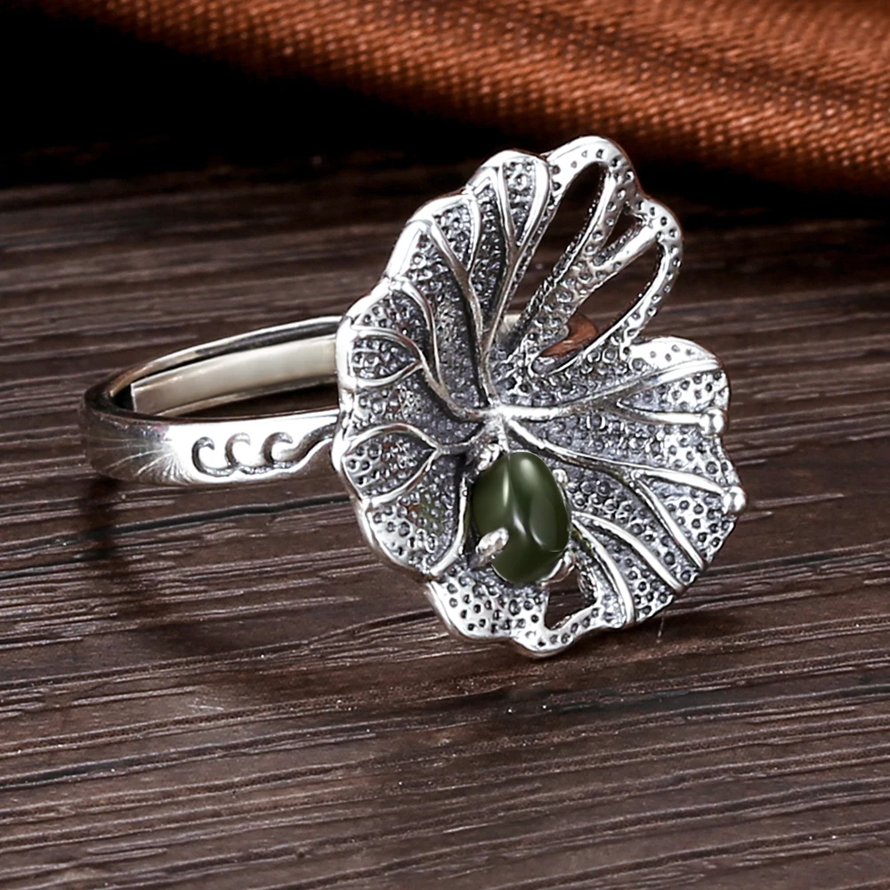  V.YA Natural Green Stone Flower Ring 925 Sterling Silver Women Rings Adjustable bague femme Wedding