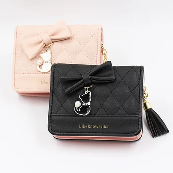 

2019 New Small Exquisite Multi-color Wallet Short Style Lady Wallets Unique Cartoon Cat Pendant Tassel Zipper Card Holder Purse