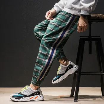 

4 colors Plus Size Fashion Loose Large Size Lattice Stripe Leisure Pants Chao Men's Net Red Harun Bundled Nine-minute Pants