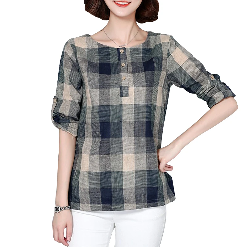 New 2017 Plaid Shirt Women Cotton Linen Blouse Long Sleeve