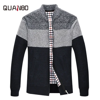 

QUANBO 2018 New Arrival Youth Men's Striped Slim Fit Knitted Cardigan Male casual fashion zipper sweaters Brand Clothing