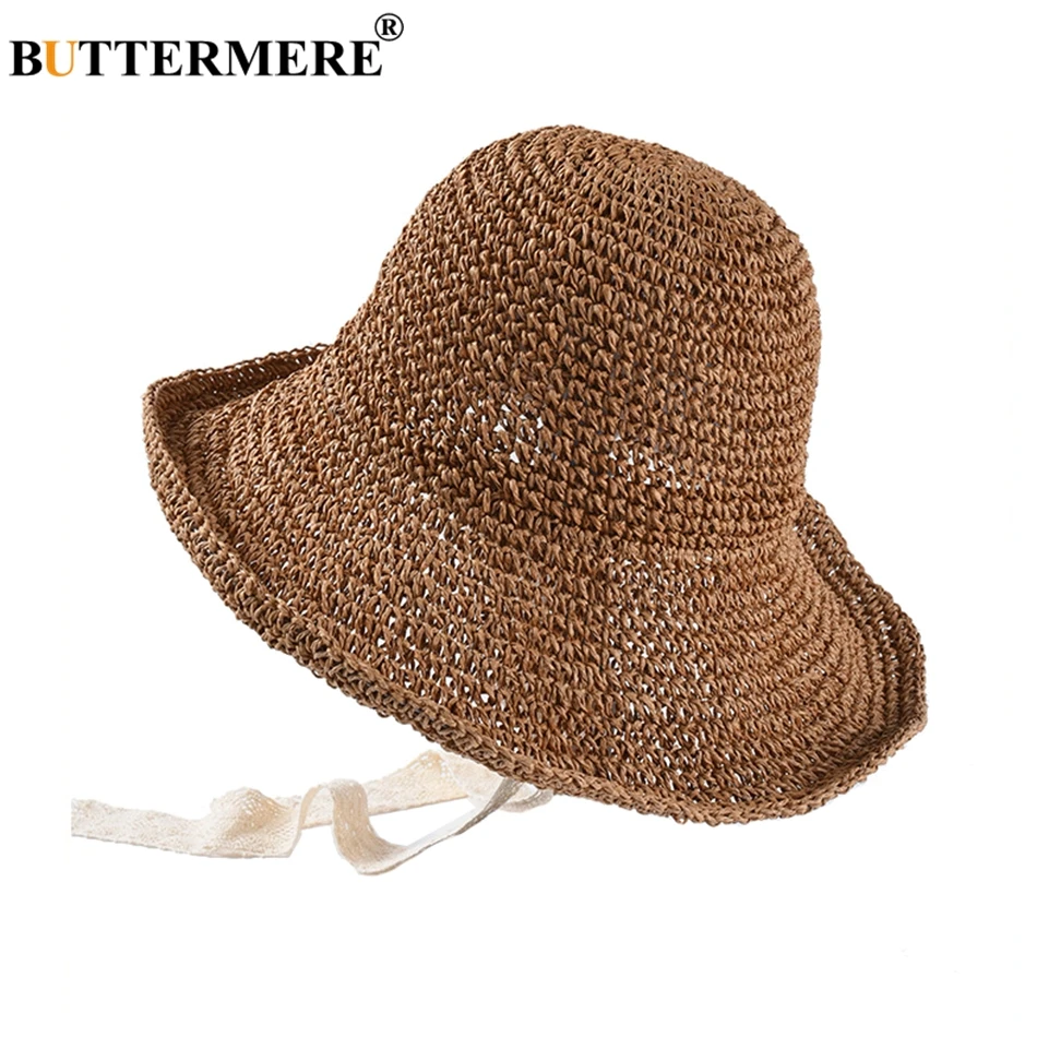 BUTTERMERE قبعات من القش للأطفال طوي قبعات صيفية فتاة النساء الجمل تنفس الأزياء واسعة حافة 12 سنتيمتر الدانتيل يصل الطفل شاطئ كاب