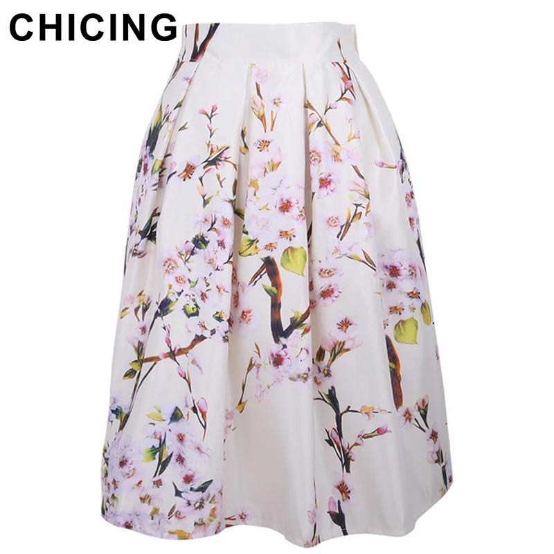 CHICING Лето 2018 г. для женщин юбка Винтаж Peach Blossom цветочный принт высокая Талия бальное платье Плиссированные Миди приталенное юбки для Saias A148012 - изображение