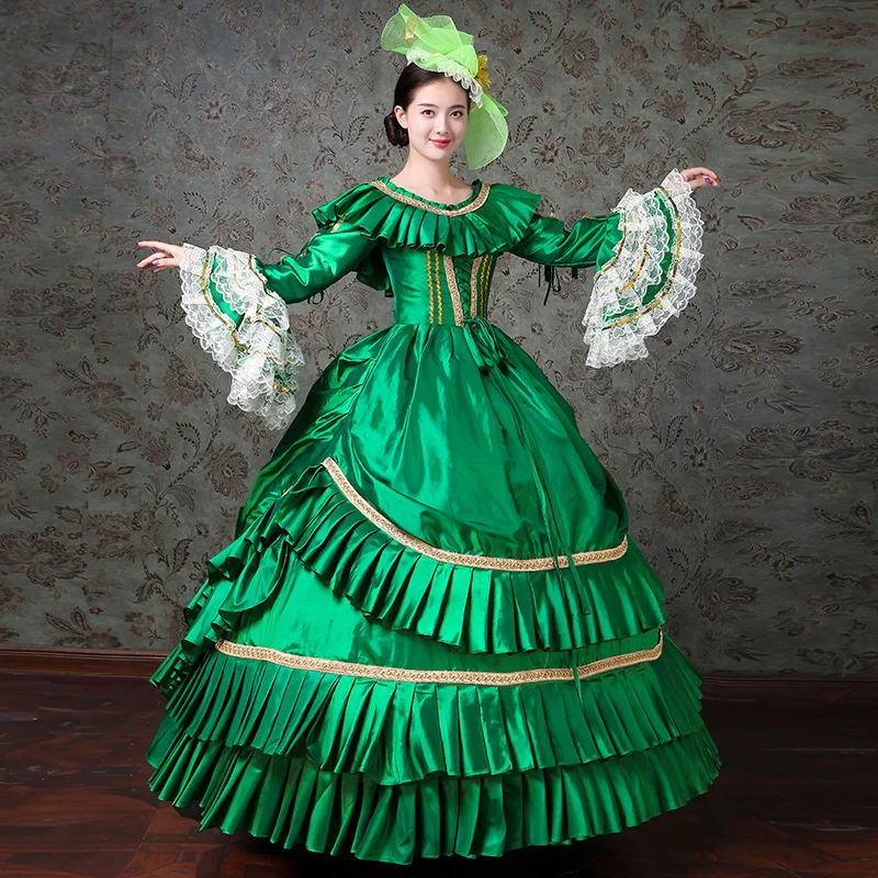 

New Women European Court Dress 2019 Stage Cosplay Performance Costume Female O-neck Horn Sleeves Lace Princess Photography Suit