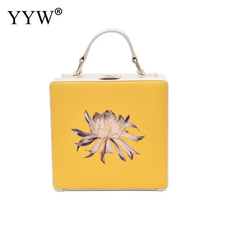 

Pu Leather Yellow Box Handbag Female Concise Handbag Small Mini Ladies Hand Bags Box Flower Tote Evening Party Bag Pouch 2019