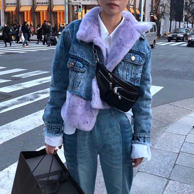 

Hot Sale Detachable Real Rex Rabbit Fur Denim Parka Trendy Cool & Casual Streetwear Woman Coat Winter Fashion Short Warm Jacket